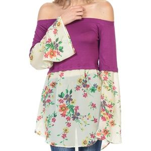 FLORAL SHEER-OVERLAY OFF-SHOULDER TOP